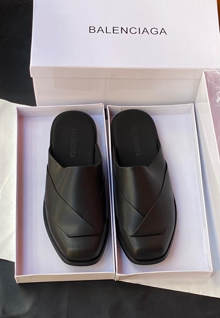 Balenciaga Black Square Toe Leather Mule