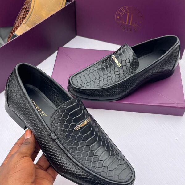 Black Crocodile-Embossed Leather Loafers with Gold Buckle