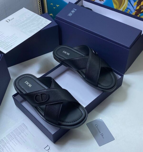 Black Leather Crisscross Designer Slides