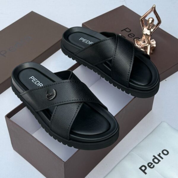 Black Leather Designer Slides with Logo Detail