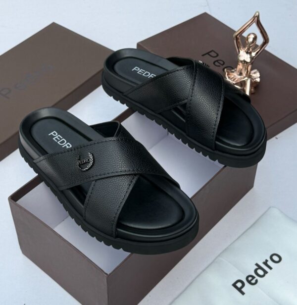 Black Leather Designer Slides with Logo Detail