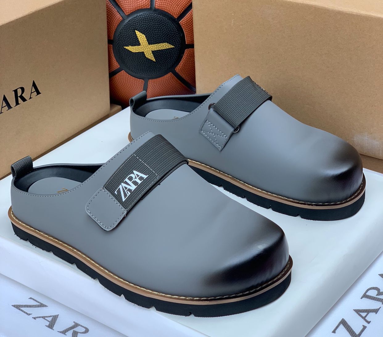 Men’s Grey Luxury Slip-On Mule Shoes with Strap