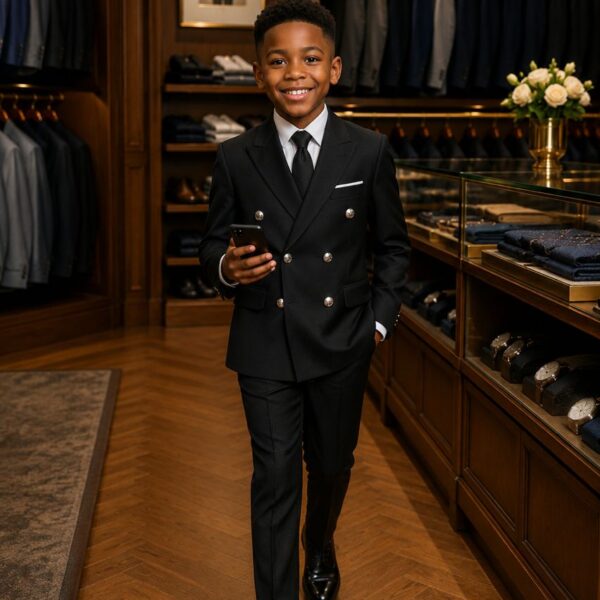 Black Double-Breasted Tuxedo — Silver Button Elegance