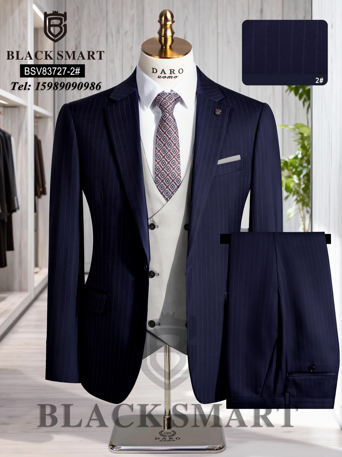 Navy Pinstripe Meets Contrast Vest