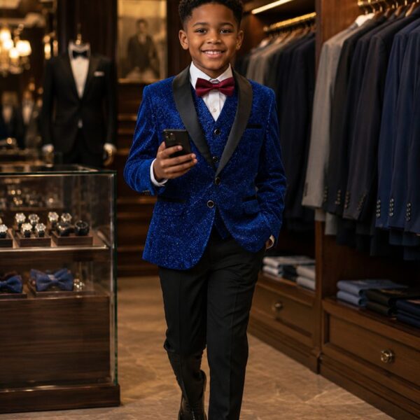 Velvet Royalty — New World Family's Royal Blue Patterned Tuxedo with Satin Shawl