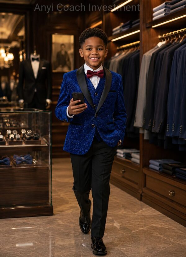 Velvet Royalty — New World Family's Royal Blue Patterned Tuxedo with Satin Shawl