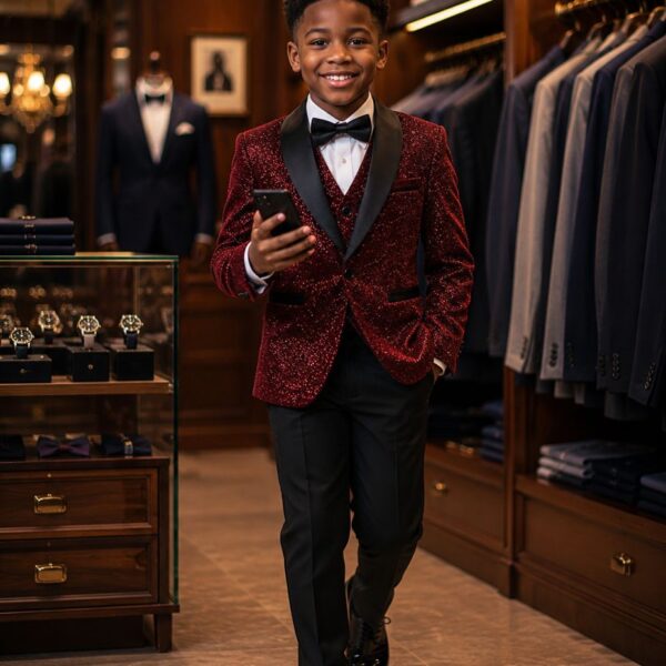 Embroidered Royalty — Turkey Boys' Burgundy 3-Piece Suit with Black Shawl