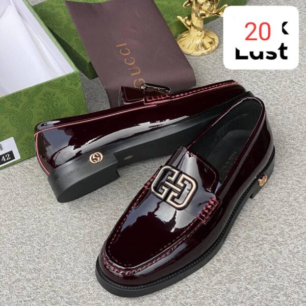 Burgundy Patent Leather Loafers With Interlocking Metal Emblem