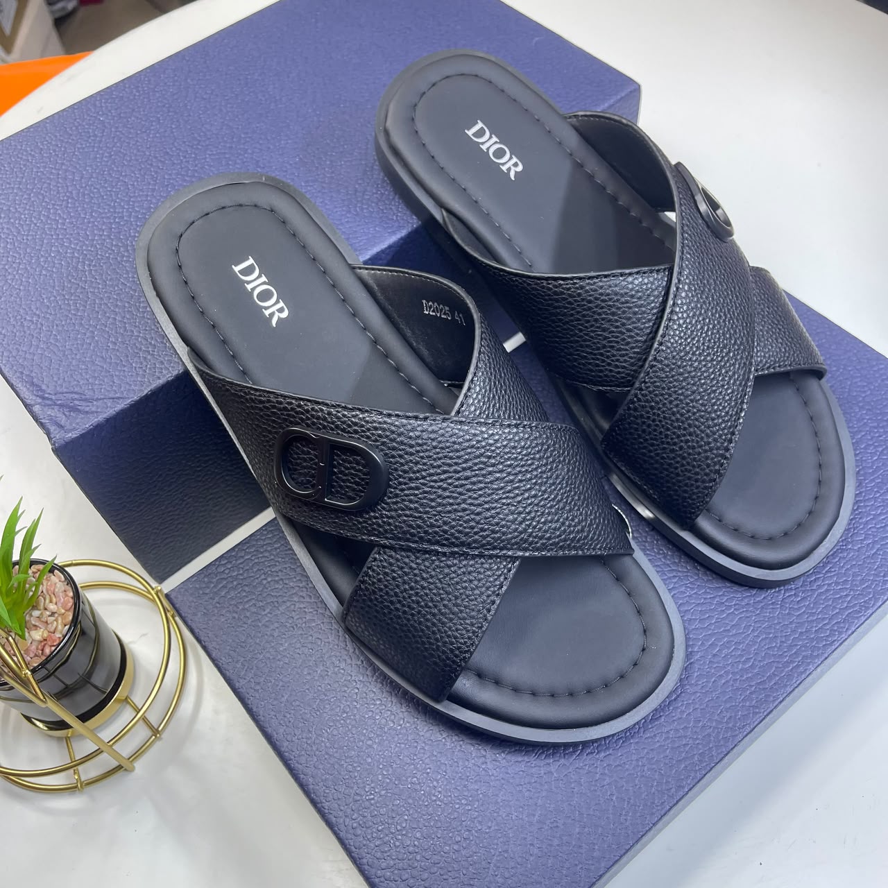 Dior Olive Black Cross Strap Slip On Sandals