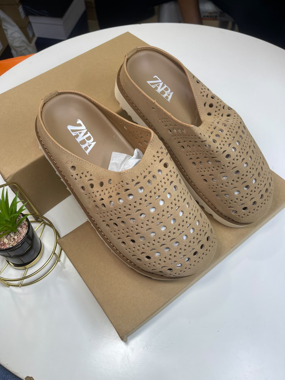 Zara Perforated Split Suede Mules Tan