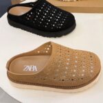 Zara Perforated Split Suede Mules Tan